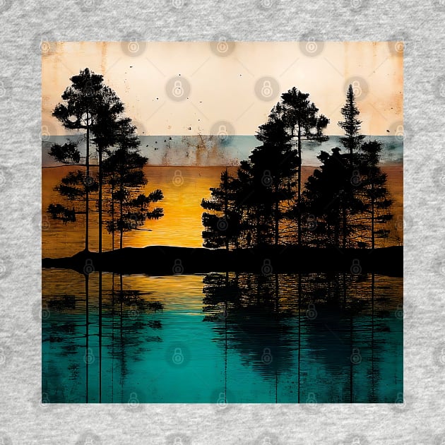 Rustic Metallic Golden Horizon Nature Scenery Tree Silhouettes by The Art Mage